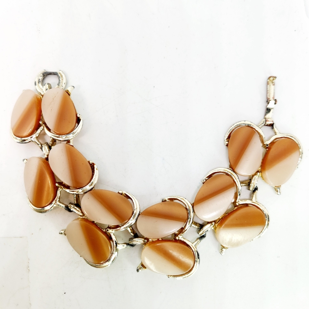 Vintage 50's Two Tone Tan Brown Moonglow Thermoset Gold Tone Link Bracelet 7"